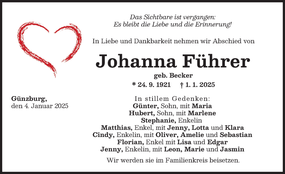 Traueranzeige von Johanna Führer von Günzburger Zeitung