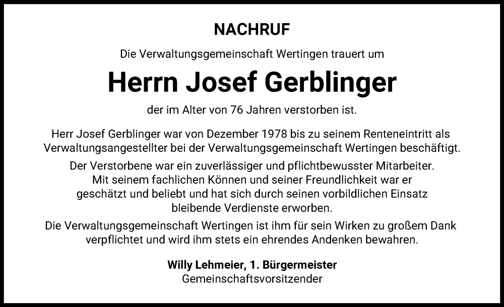 Traueranzeige von Josef Gerblinger von Wertinger Zeitung