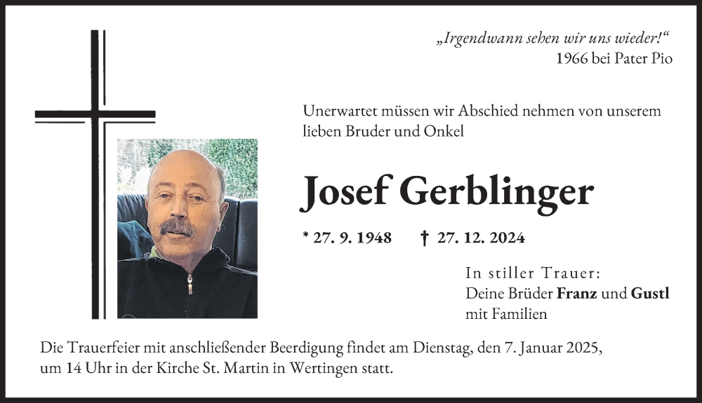 Traueranzeige von Josef Gerblinger von Wertinger Zeitung