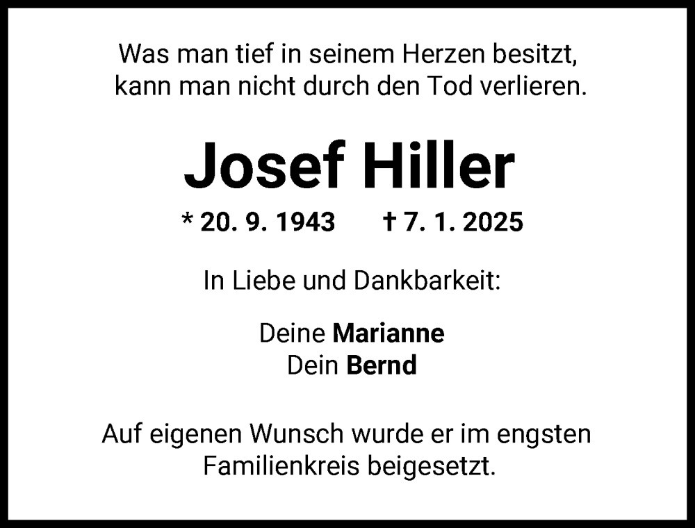 Traueranzeige von Josef Hiller von Günzburger Zeitung