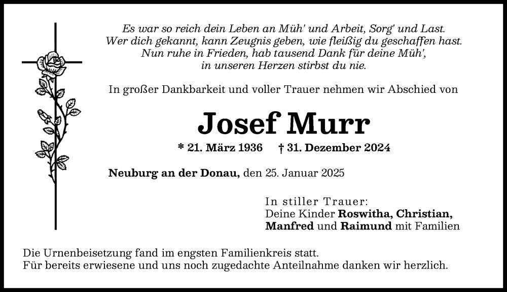 Traueranzeige von Josef Murr von Neuburger Rundschau