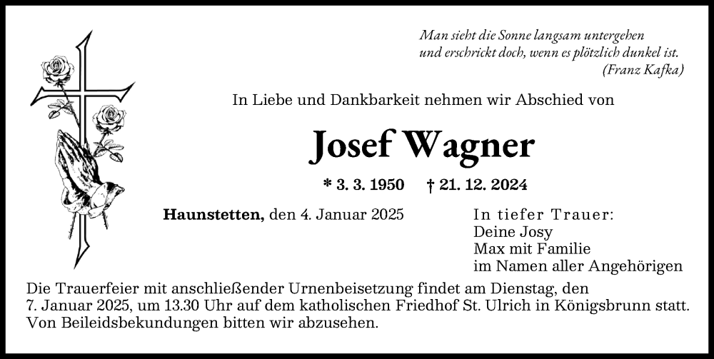 Traueranzeige von Josef Wagner von Augsburger Allgemeine