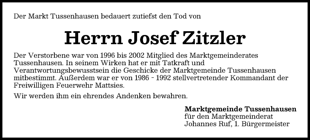 Traueranzeige von Josef Zitzler von Mindelheimer Zeitung