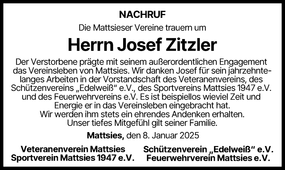 Traueranzeige von Josef Zitzler von Mindelheimer Zeitung