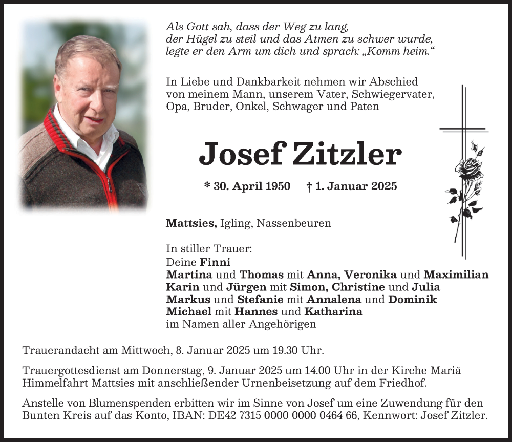 Traueranzeige von Josef Zitzler von Mindelheimer Zeitung