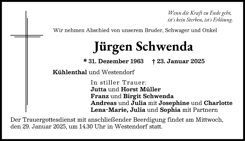 Traueranzeige von Jürgen Schwenda von Augsburg-Land