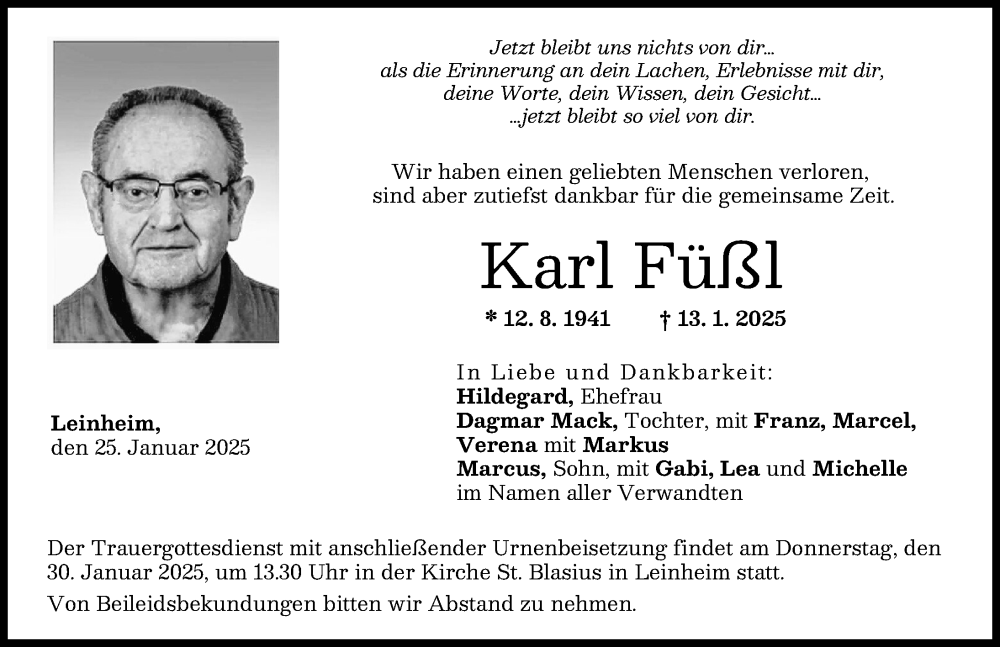 Traueranzeige von Karl Füßl von Günzburger Zeitung