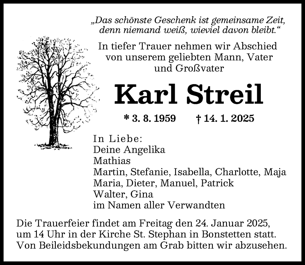 Traueranzeige von Karl Streil von Augsburg-Land