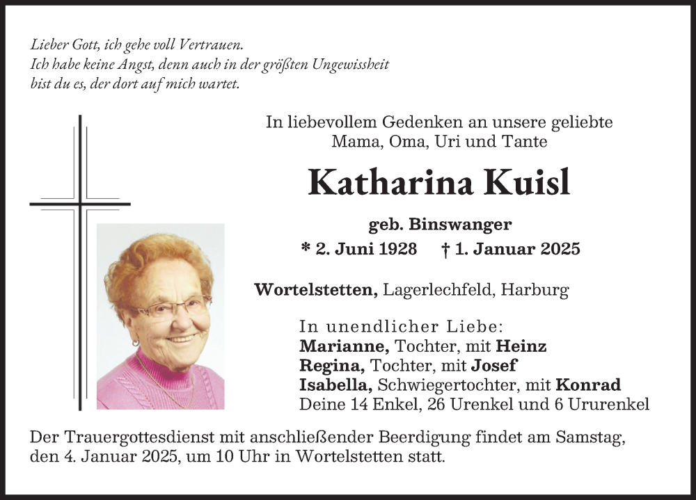 Traueranzeige von Katharina Kuisl von Wertinger Zeitung