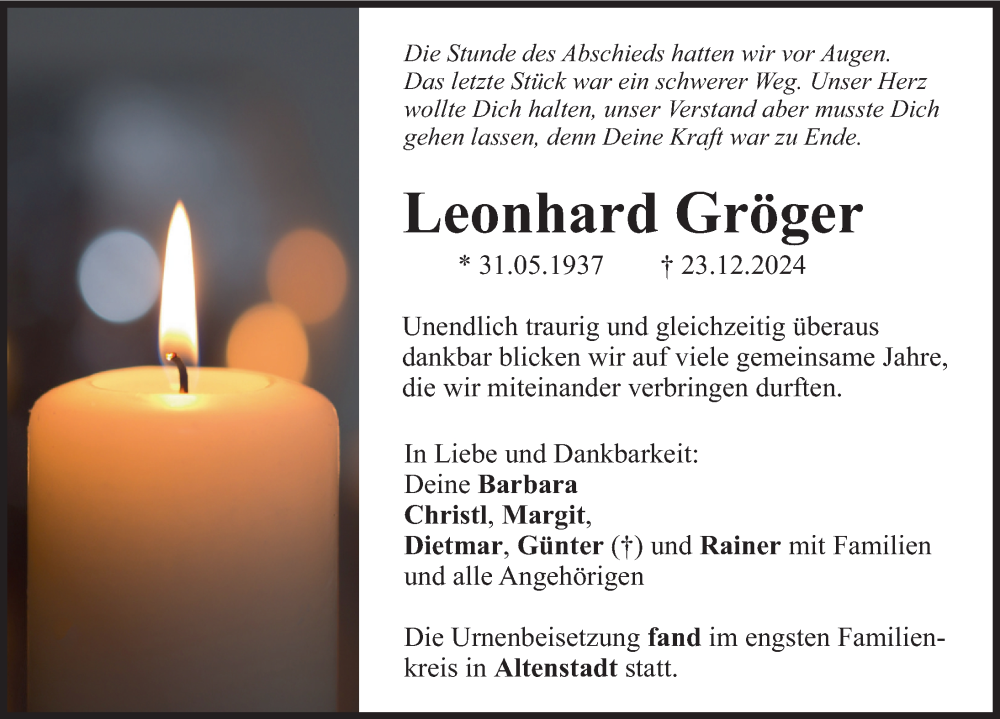 Traueranzeige von Leonhard Gröger von Illertisser Zeitung