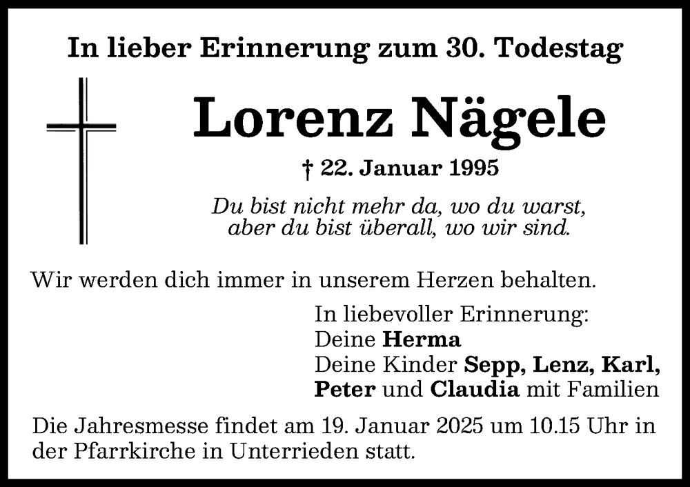 Traueranzeige von Lorenz Nägele von Mindelheimer Zeitung