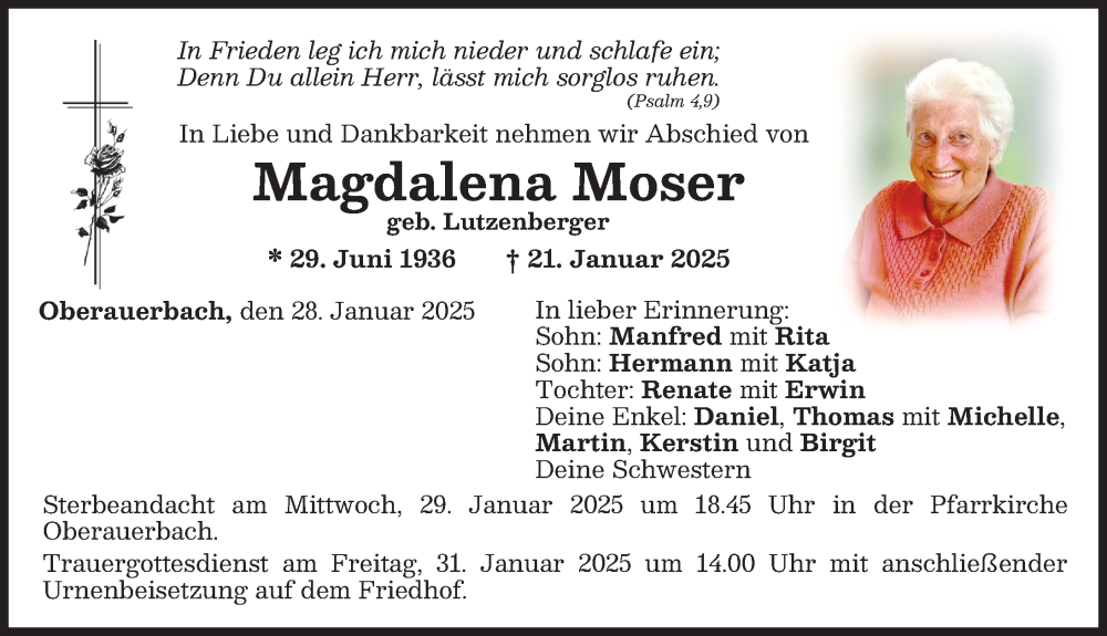 Traueranzeige von Magdalena Moser von Mindelheimer Zeitung