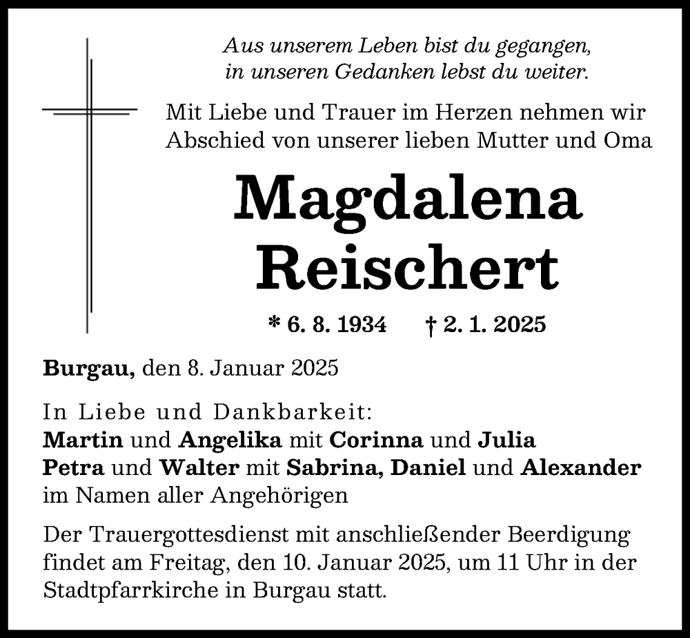 Traueranzeige von Magdalena Reischert von Günzburger Zeitung