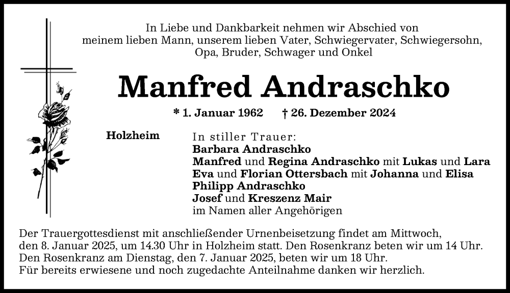 Traueranzeige von Manfred Andraschko von Donauwörther Zeitung