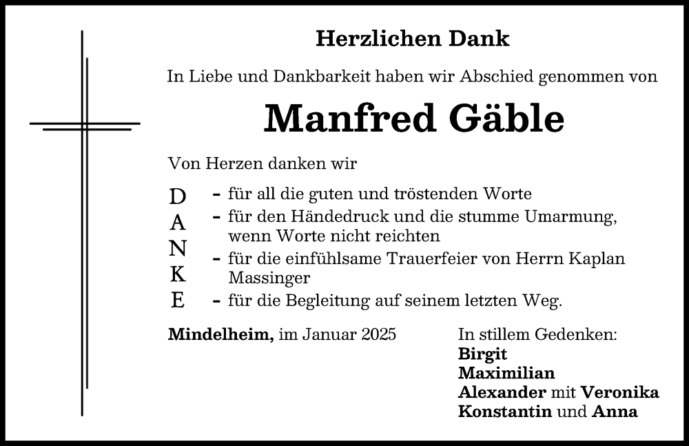 Traueranzeige von Manfred Gäble von Mindelheimer Zeitung