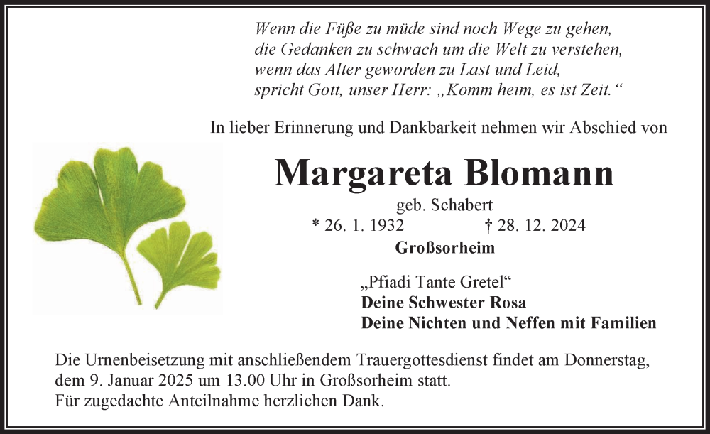 Traueranzeige von Margareta Blomann von Rieser Nachrichten