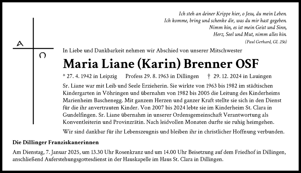 Traueranzeige von Maria  Brenner von Illertisser Zeitung, Augsburg-Land, Donau Zeitung