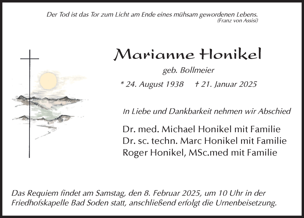 Traueranzeige von Marianne Honikel von Augsburg-Land