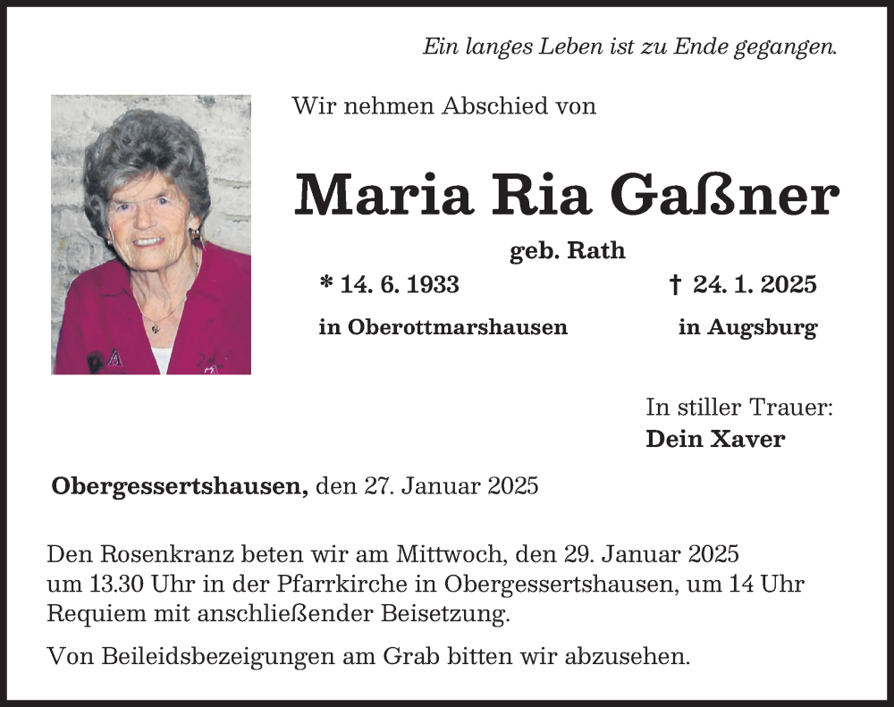 Traueranzeige von Maria Ria Gaßner von Mittelschwäbische Nachrichten