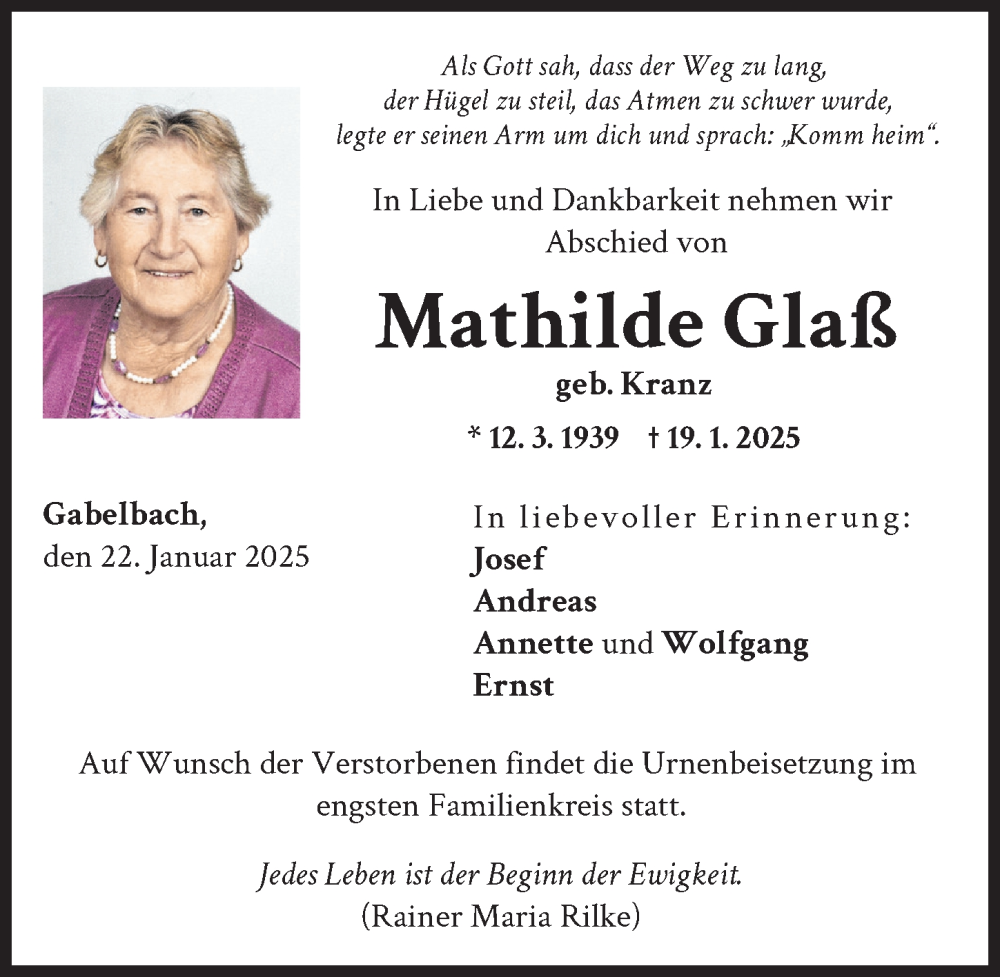 Traueranzeige von Mathilde Glaß von Augsburg-Land