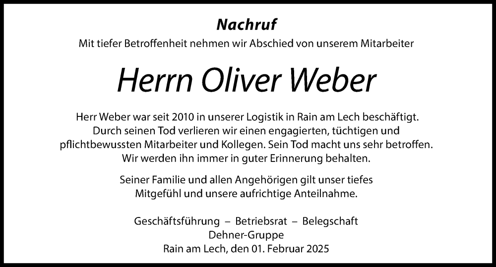Traueranzeige von Oliver Weber von Donauwörther Zeitung