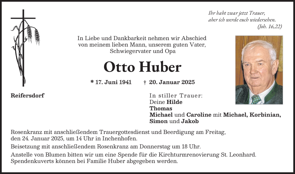 Traueranzeige von Otto Huber von Aichacher Nachrichten