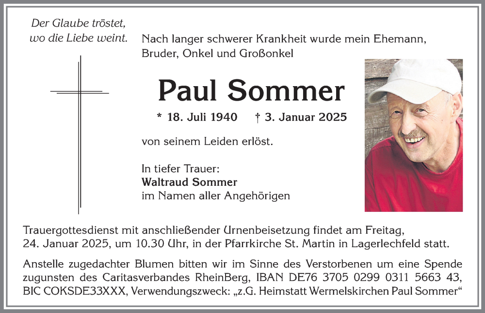 Traueranzeige von Paul Sommer von Schwabmünchner Allgemeine, Mindelheimer Zeitung