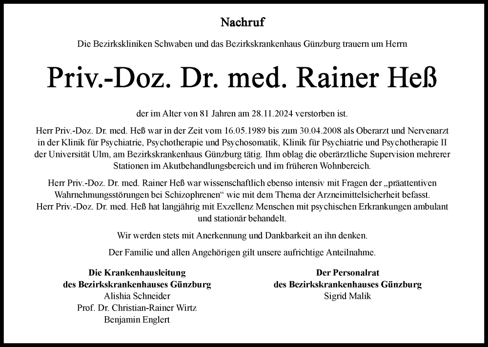 Traueranzeige von Rainer Heß von Günzburger Zeitung