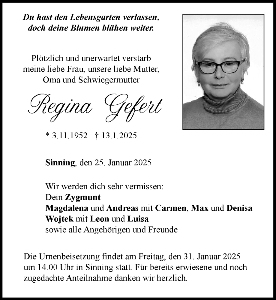 Traueranzeige von Regina Gefert von Neuburger Rundschau