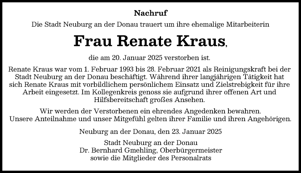 Traueranzeige von Renate Kraus von Neuburger Rundschau