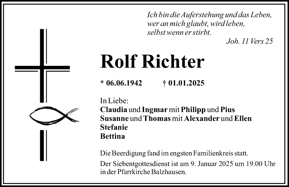 Traueranzeige von Rolf Richter von Mittelschwäbische Nachrichten