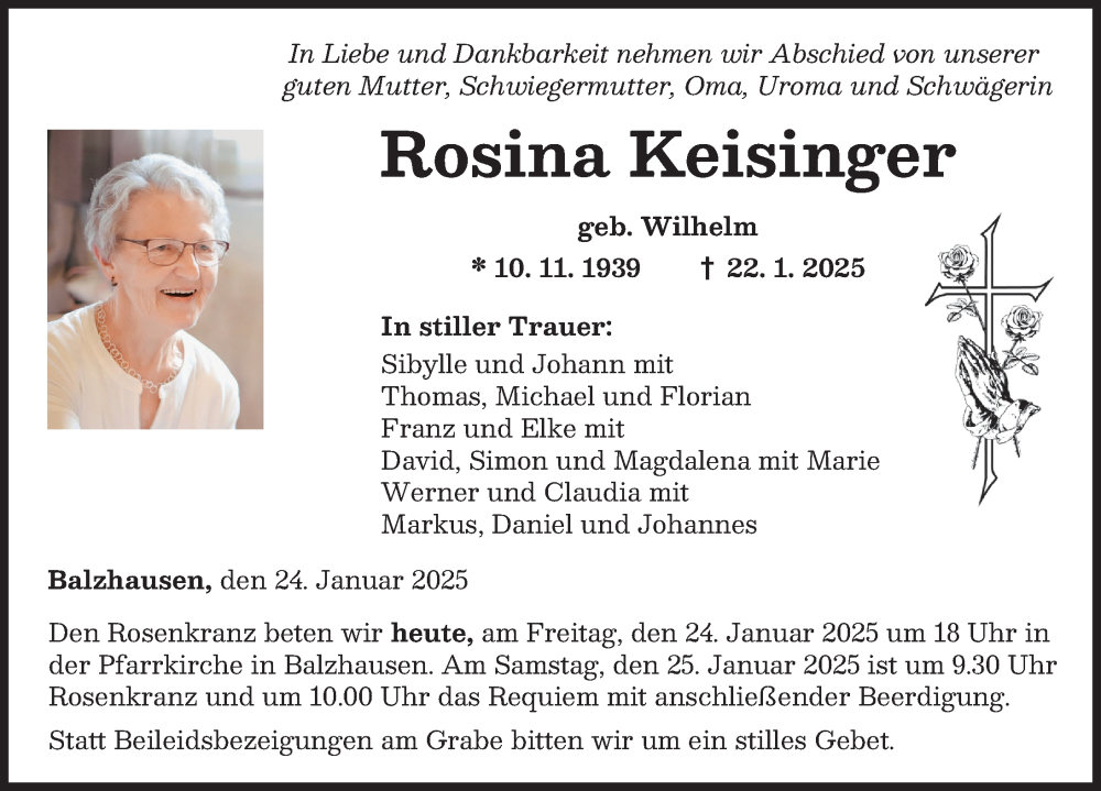 Traueranzeige von Rosina Keisinger von Mittelschwäbische Nachrichten