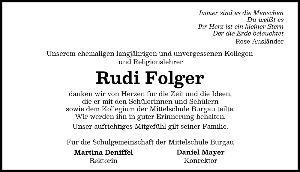 Traueranzeige von Rudi Folger von Günzburger Zeitung