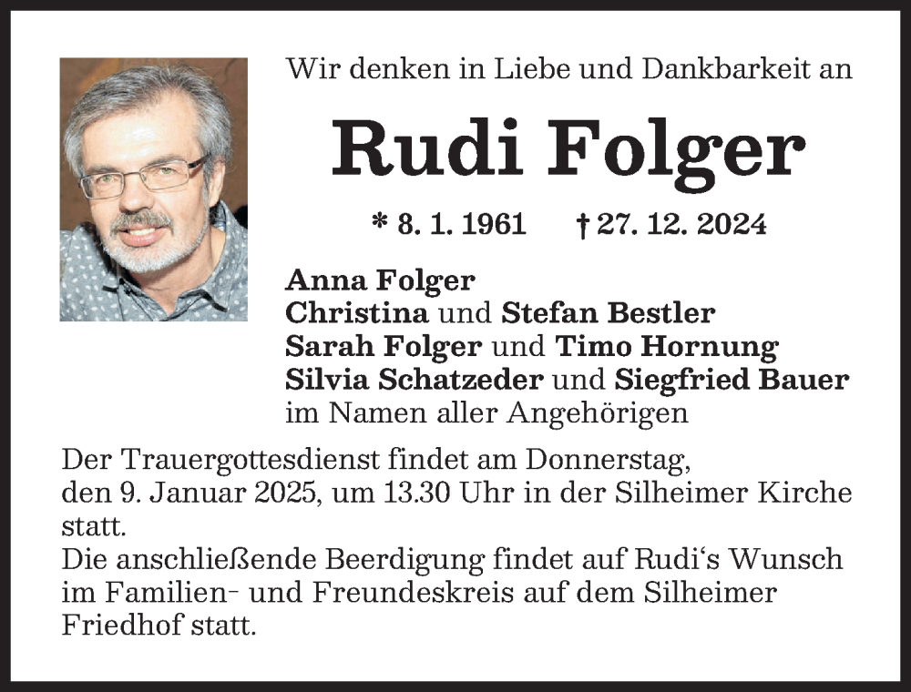 Traueranzeige von Rudi Folger von Günzburger Zeitung