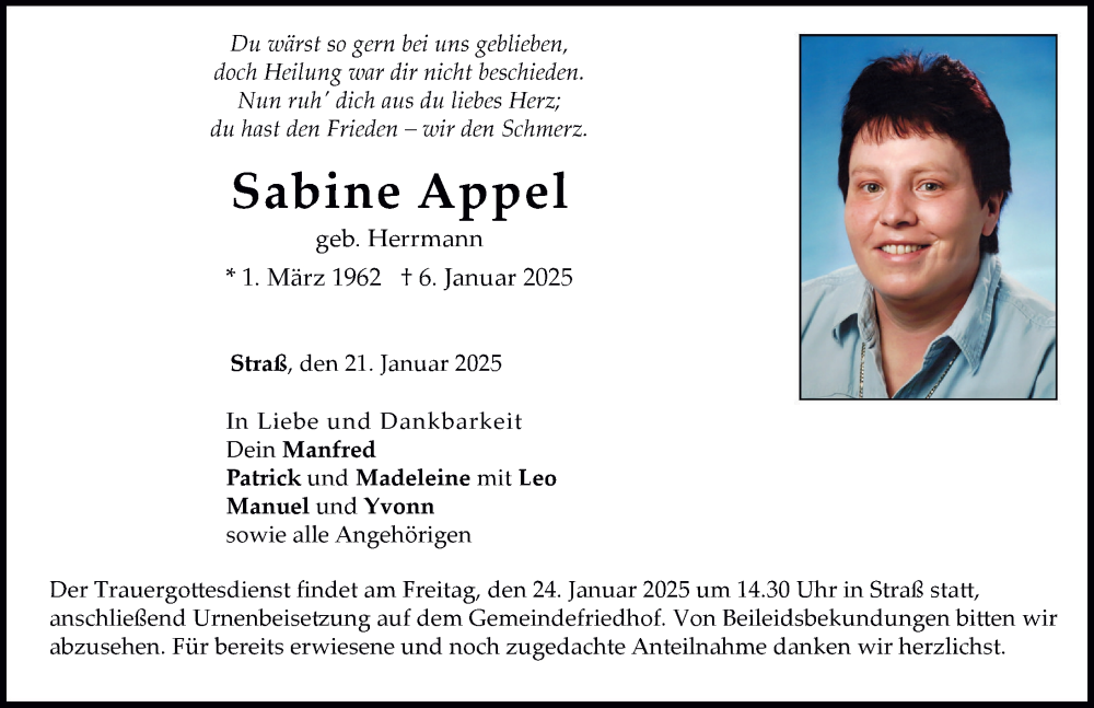 Traueranzeige von Sabine Appel von Neuburger Rundschau