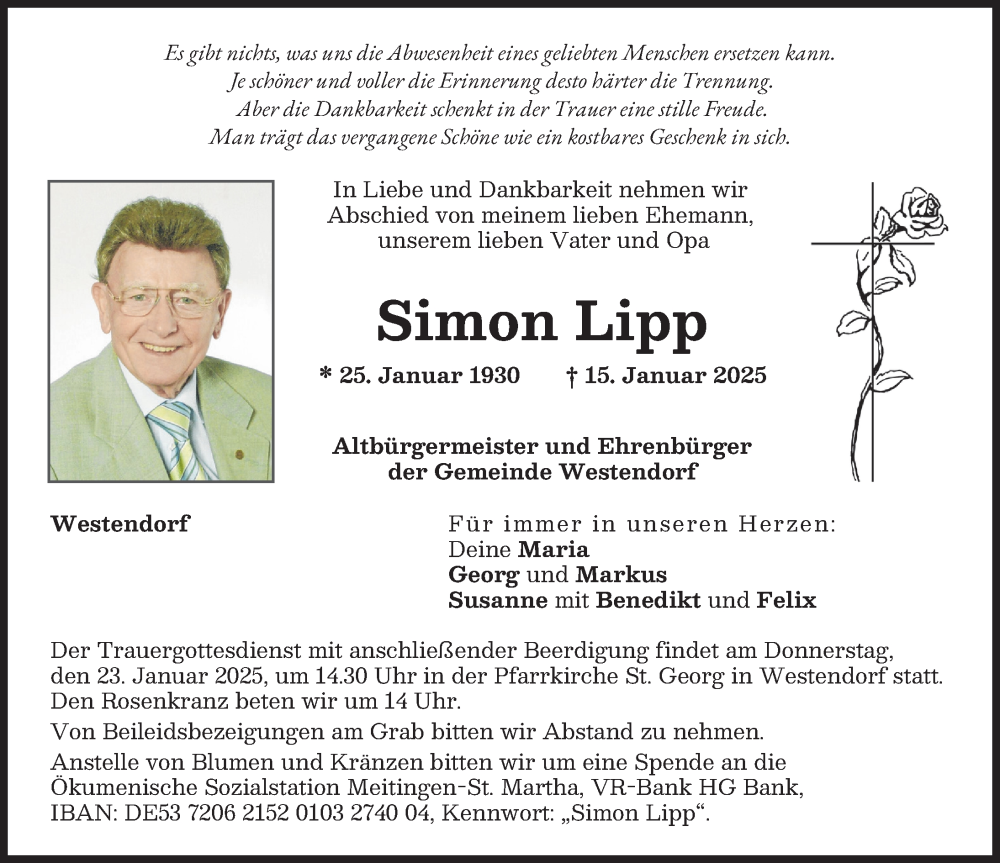 Traueranzeige von Simon Lipp von Augsburg-Land