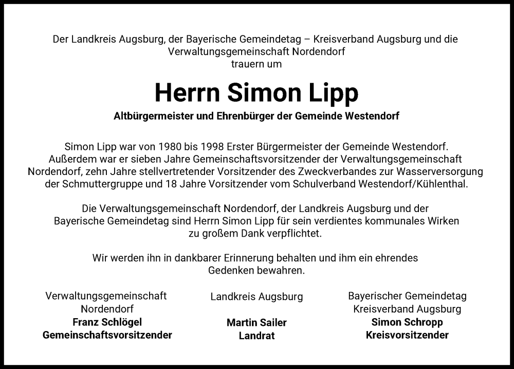 Traueranzeige von Simon Lipp von Augsburg-Land