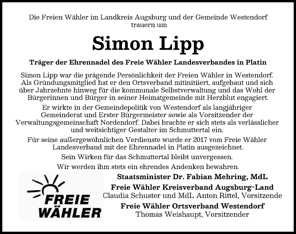 Traueranzeige von Simon Lipp von Augsburg-Land