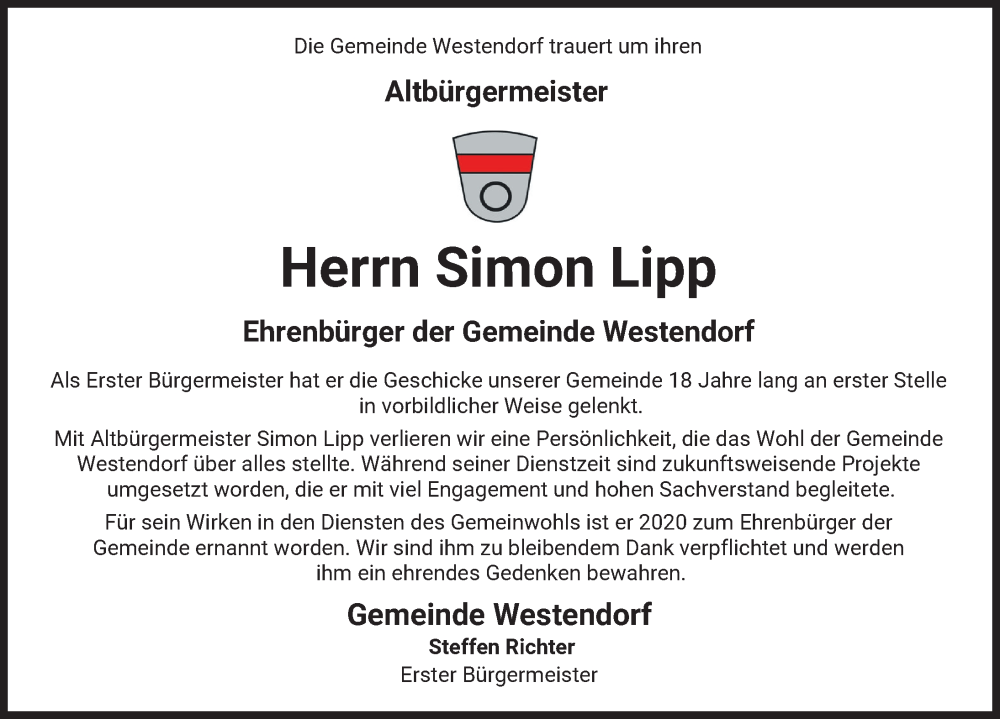 Traueranzeige von Simon Lipp von Augsburg-Land, Wertinger Zeitung