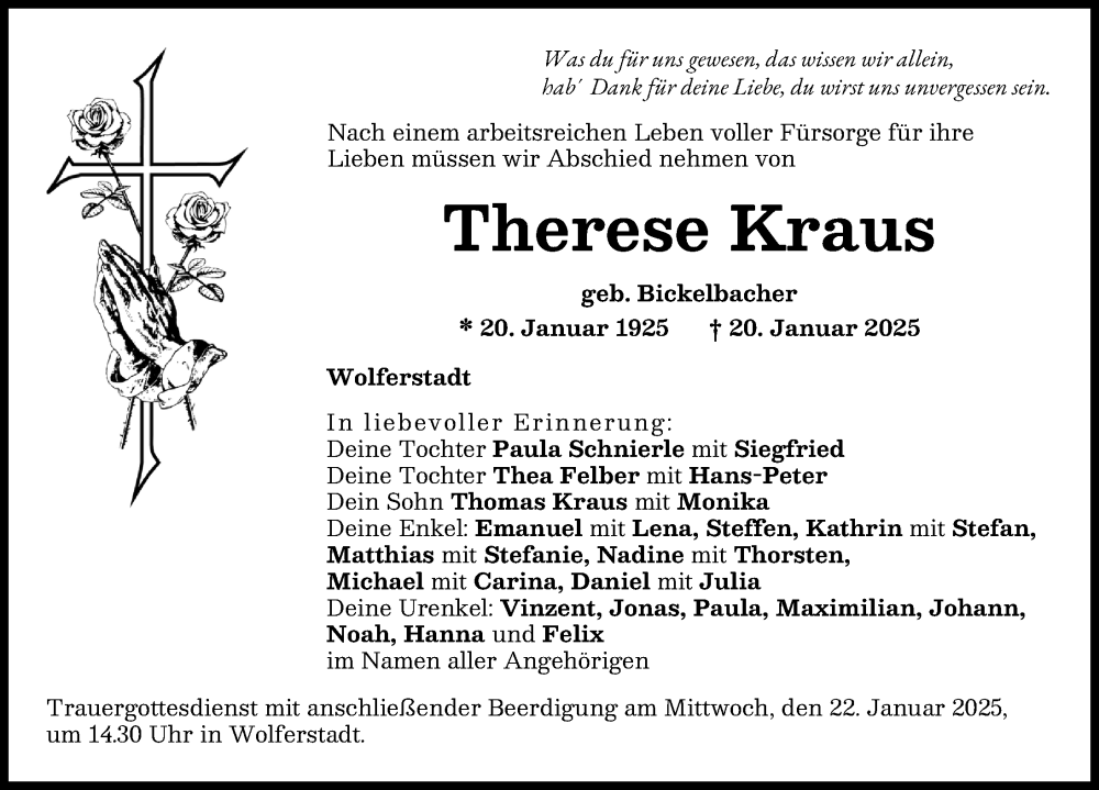 Traueranzeige von Therese Kraus von Donauwörther Zeitung