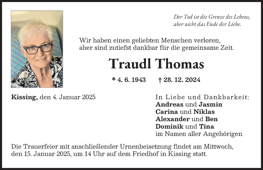 Traueranzeige von Traudl Thomas von Friedberger Allgemeine