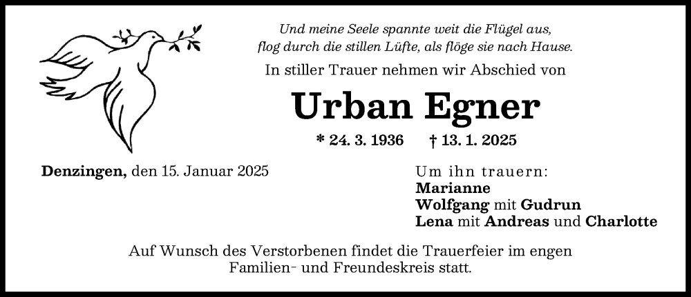 Traueranzeige von Urban Egner von Günzburger Zeitung