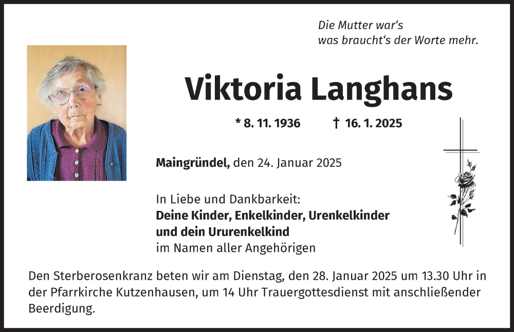 Traueranzeige von Viktoria Langhans von Augsburger Allgemeine