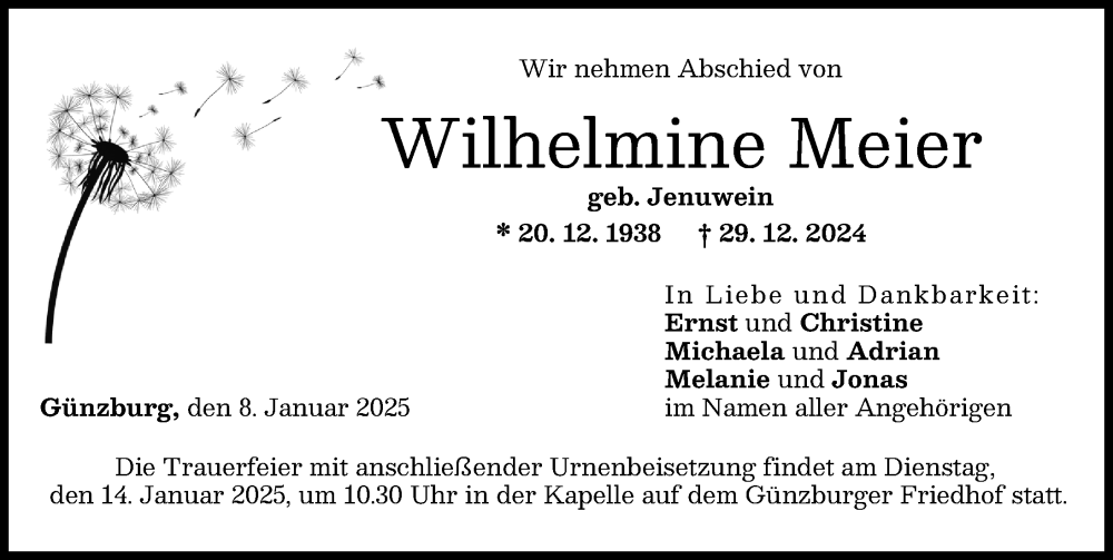 Traueranzeige von Wilhelmine Meier von Günzburger Zeitung