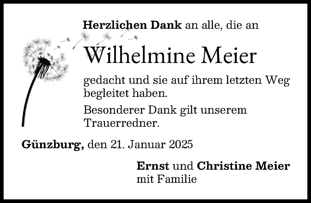 Traueranzeige von Wilhelmine Meier von Günzburger Zeitung