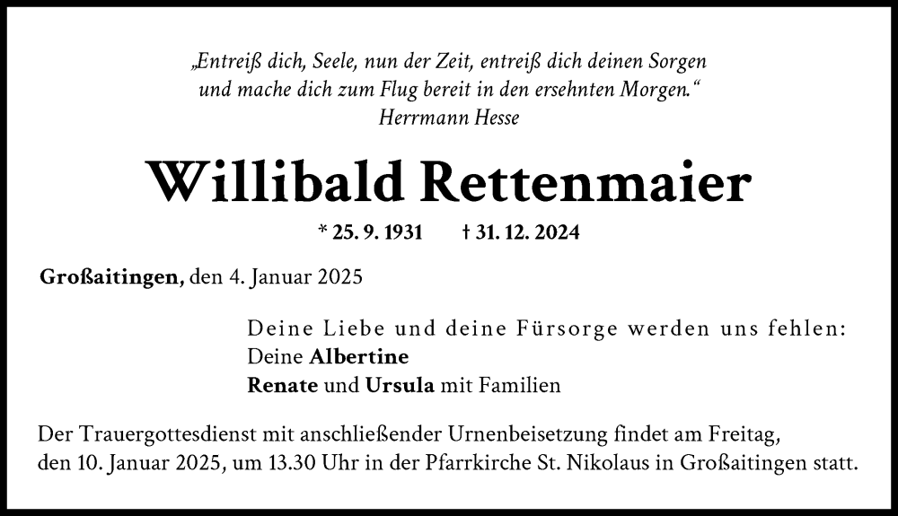 Traueranzeige von Willibald Rettenmaier von Schwabmünchner Allgemeine