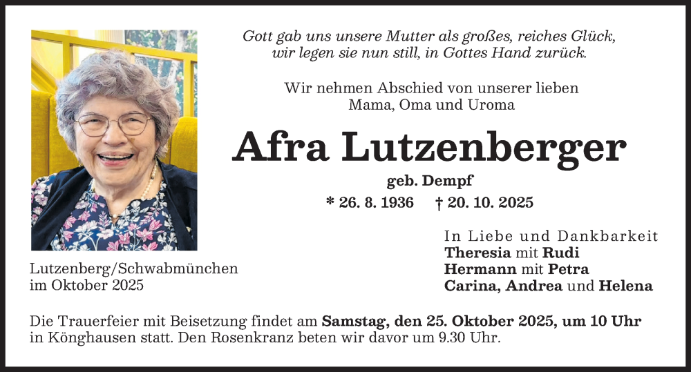 Traueranzeige von Afra Lutzenberger von Mindelheimer Zeitung, Schwabmünchner Allgemeine