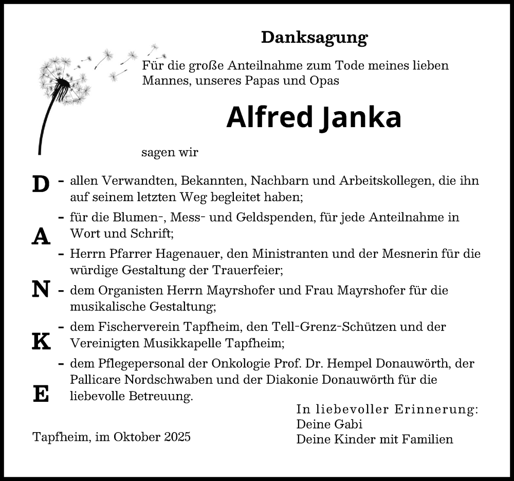 Traueranzeige von Alfred Janka von Donauwörther Zeitung