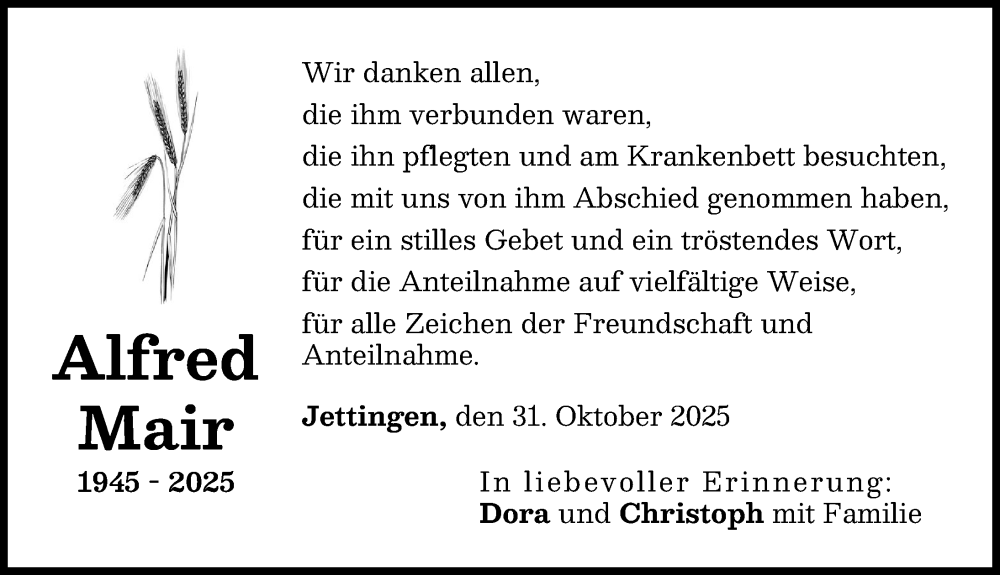 Traueranzeige von Alfred Mair von Günzburger Zeitung