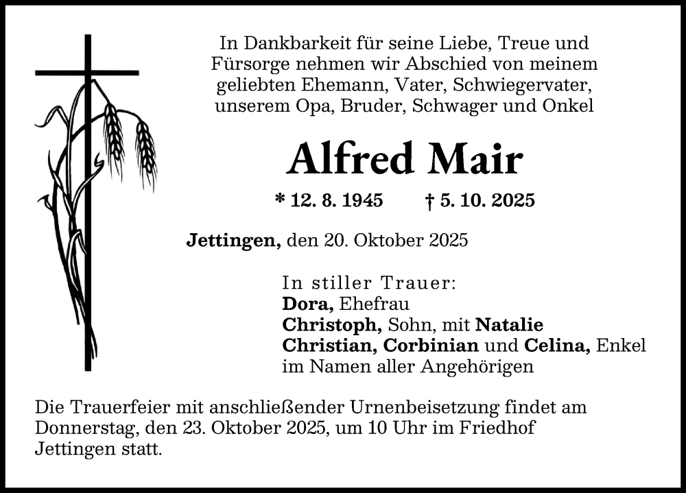 Traueranzeige von Alfred Mair von Günzburger Zeitung